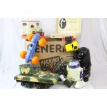 Collection of vintage toys to include tin plate tank, Wallace and Gromit Roomguard etc