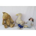 Chad Valley dog soft toy and a 10.5" continental bisque headed doll with sleeping glass eyes, good