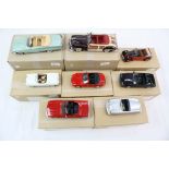 Eight 1:43 metal models in brown custom boxes, to include Century x 4, Mercedes-Benz 500SL 1975,