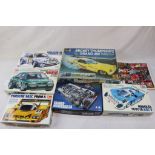 Six boxed racing car model kits to include 5 x 1:24 Tamiya featuring 24144 Ford Escort, 24079