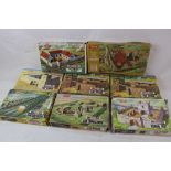 Eight boxed Airfix OO sets to include Gun Emplacement, Pontoon Bridge, Battle of Waterloo Farm House