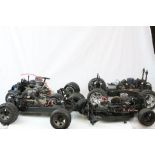 Four remote control car fuel chassis to include 1 x HPI, 2 x Schumacher and 1 x Tamiya.