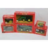 Six boxed 1:43 Britains Elite models to include 15129 John Deere Forage Harvester, 00174 Land
