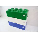 Three original Lego 8 x 2 storage bricks to include green, white & blue