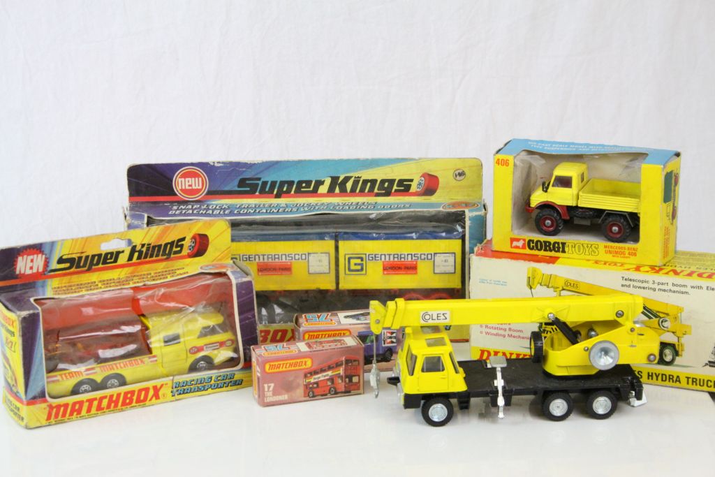 Six boxed diecast models to include Dinky 980 Coles Hydra Truck 150T, Corgi 406 Mercedes Benz Unimog