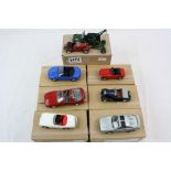 Seven 1:43 metal models, in brown custom boxes, Diapet x 5, Toyota MR2 1989, Datsun Fairlady 2000