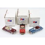 Three boxed 1:43 Motor City USA metal models to include MC69 1950 Olds Conv in chariot red, MC42