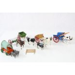 Collection of vintage metal Britains farming accessories to include 5 x carts, 3 x horses, 2 x