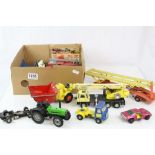 Group of vintage play worn diecast models to include Dinky Coles Hydra Truck 1507, Dinky Hoynor