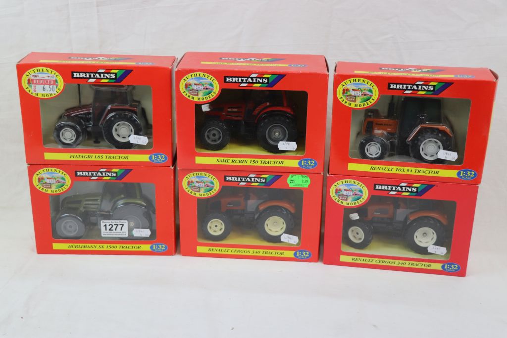 Six boxed 1:32 Britains Authentic Farm models tractor models to include 00225 Renault Cergos 340,