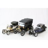 Three Franklin Mint metal models to include 1913 T Model, 1:24 1912 Packard and 1:24 1930 Bugatti