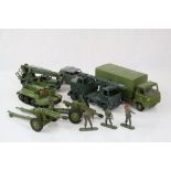 Seven Dinky military diecast models and artillery to include Servicing Platform, American 105mm Gun