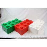 Three original Lego 8 x 2 storage bricks to include green, white & red