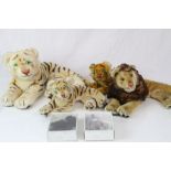 Four Steiff soft toys to include 3 Tigers and a Lion, condition is gd overall, plus 2 boxed Steiff