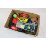 Collection of six Scalextric cars and accessories, plus other toy figures and collectables