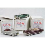 Three boxed 1:43 USA Models to include USA6 1955 Cadillac Convertible in cherry maroon, USA25 1954