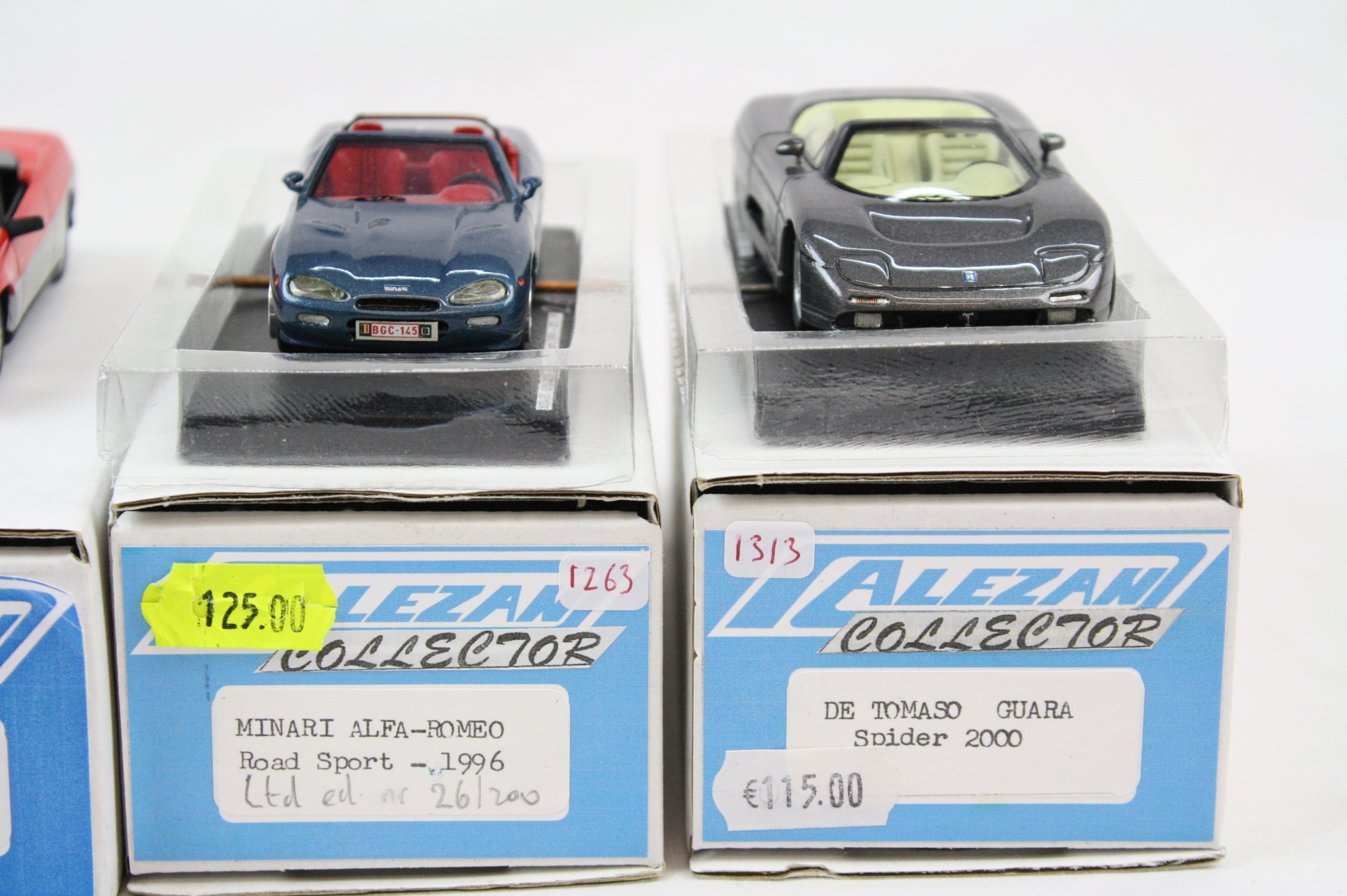 Four boxed 1:43 Alezan plastic models to include 1986 Alfa Vivace Spider Pininfarina in red (wing - Image 3 of 5