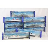 Nine boxed 1:1200 Minic Ships to include 3 x Ocean Liners (M704 United States x 2 & M703 RMS Queen
