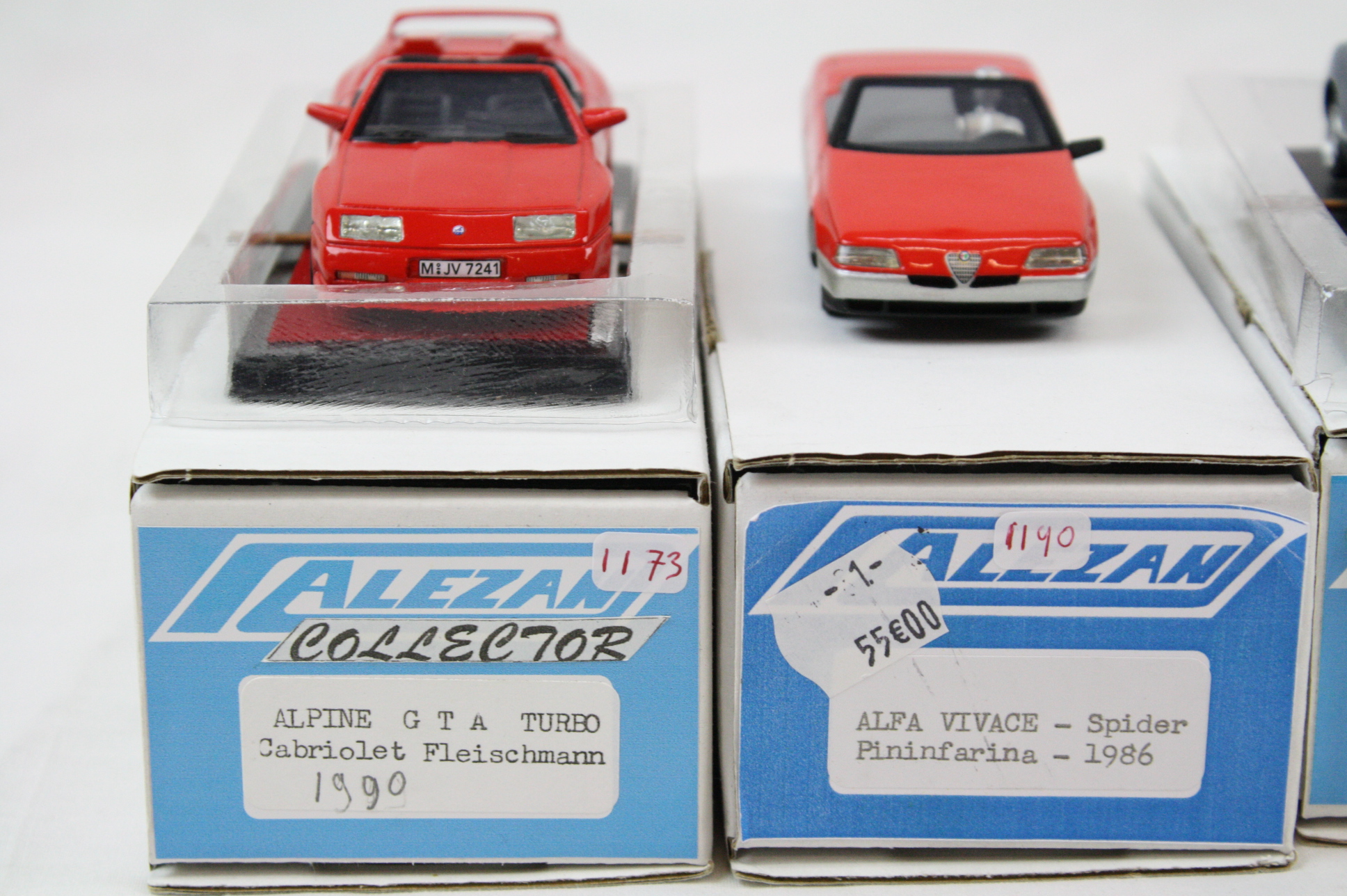 Four boxed 1:43 Alezan plastic models to include 1986 Alfa Vivace Spider Pininfarina in red (wing - Image 2 of 5
