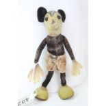 Early 20th C Mickey Mouse soft toy, well loved, marks to neck/chin indistinct, 6.5" approx