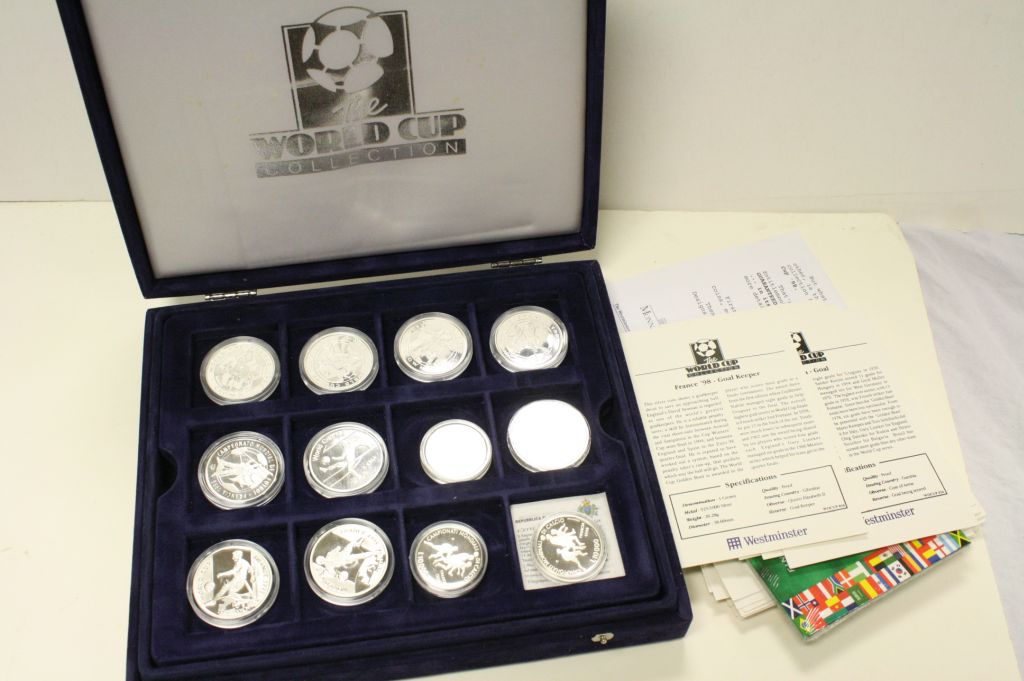 Boxed Westminster Mint "World Cup '98" Silver coin collection, comprising 35 coins with COA's