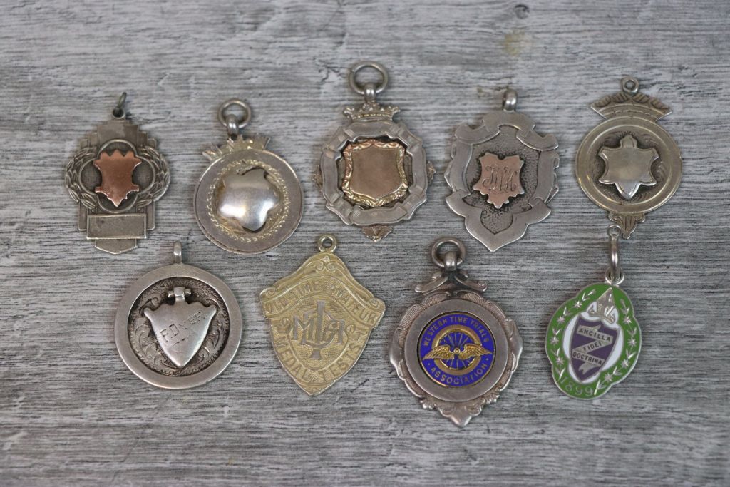 Nine silver fob medallions to include blank cartouches, enamelled Western Time Trials fob, Bagatelle - Image 2 of 7