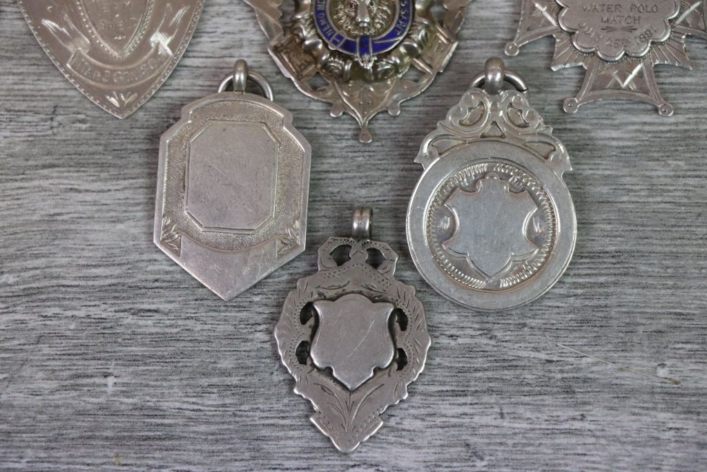 Eight silver fob medallions to include enamelled dart league fob; RAOB Royal Victoria Lodge - Image 8 of 8