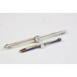 Diamond 15ct yellow gold platinum set bar brooch, the round brilliant cut diamond weighing