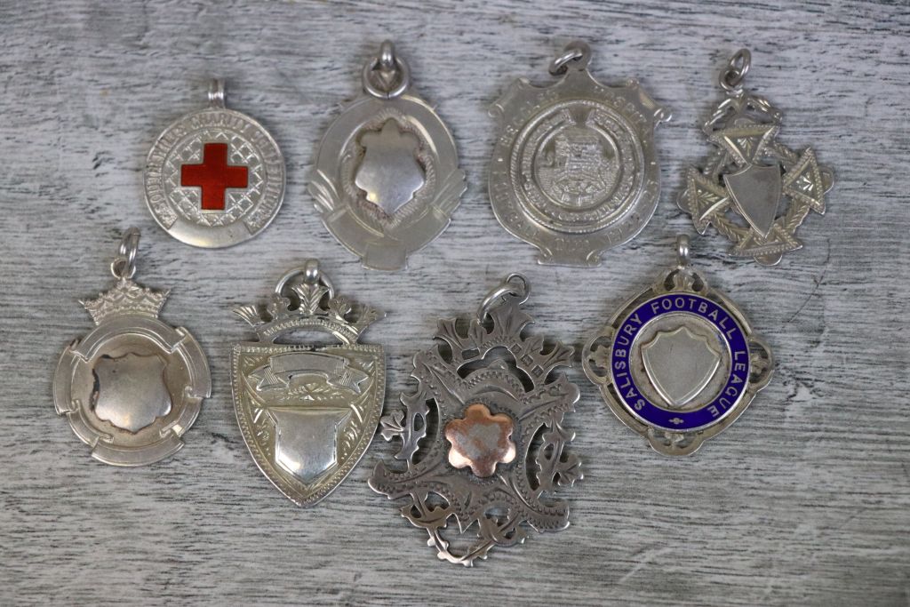 Eight silver fob medallions to include Edwardian and later, including Edwardian double sided - Image 2 of 6