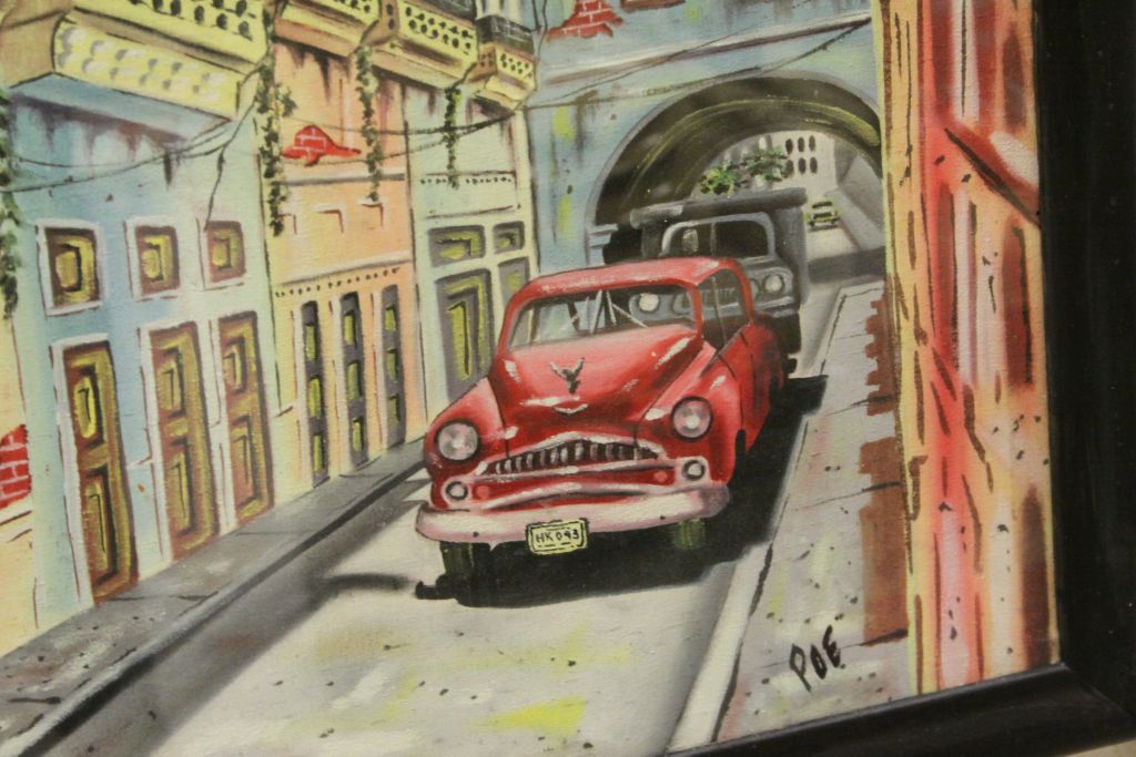 POE Oil on Canvas A Cuban Urban Art scene 'Vehicles in a deserted street' - Image 2 of 2