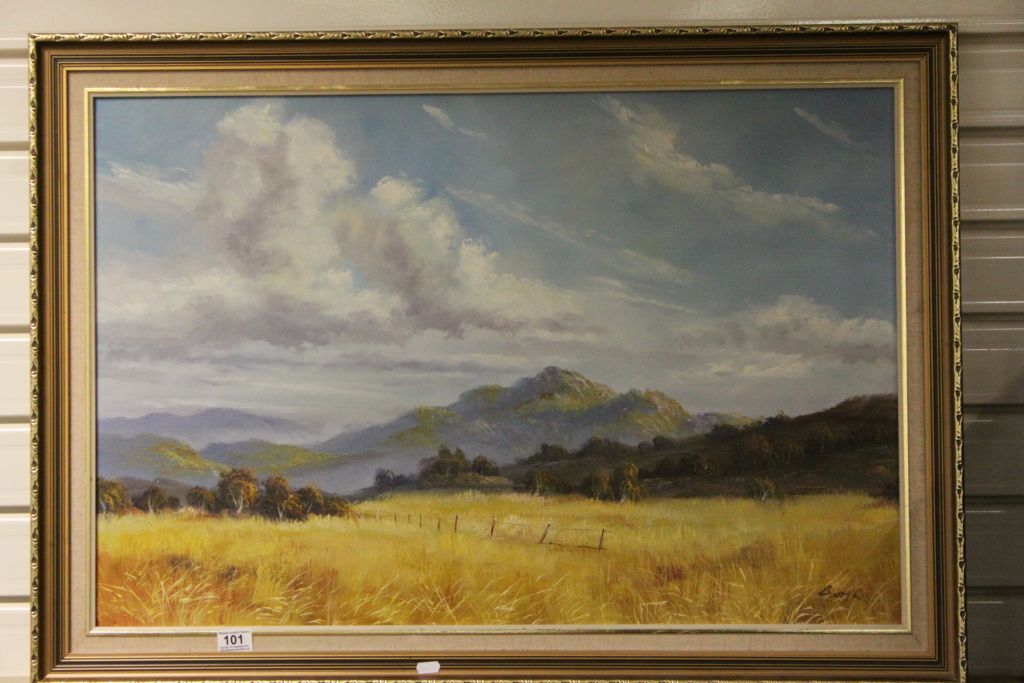 Large Gilt framed South African Oil on board Landscape with views of the Dullstroom mountains,