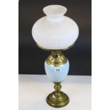 Late 19th / Early 20th century Oil Lamp with Opaque Fluted Shade and Pale Blue Well on Brass