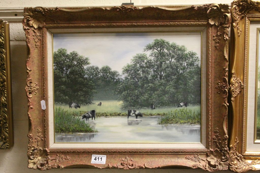 Edward R Taverner contemporary oil on canvas cattle in a rural setting signed dimensions 30 x 40