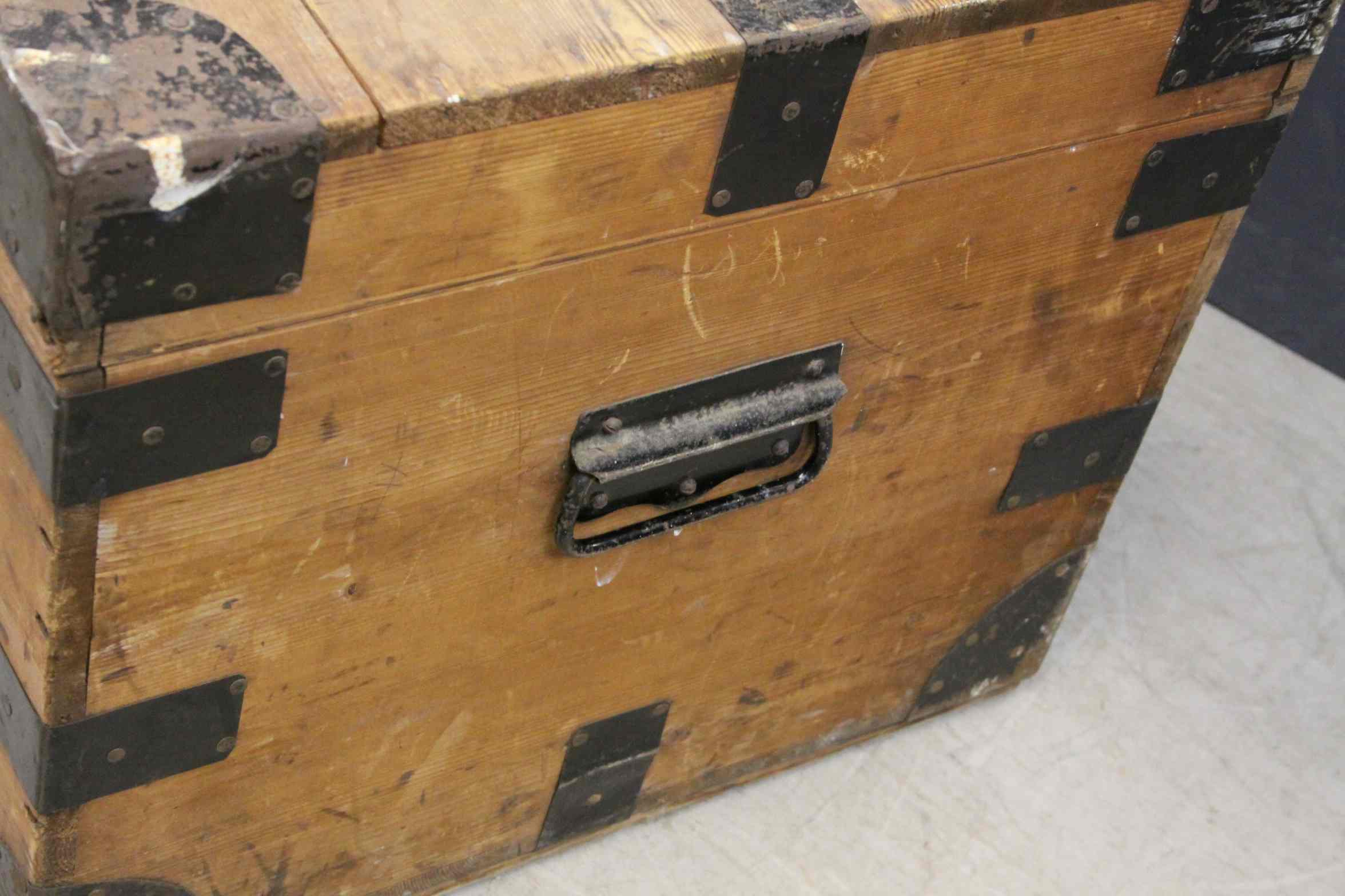 Victorian Pine Iron Bound Travelling Trunk, 92cms wide x 49cms high - Image 3 of 4