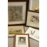 A group of framed prints of bulldog interset to include Louis Wain and a pencil signed print by Maud
