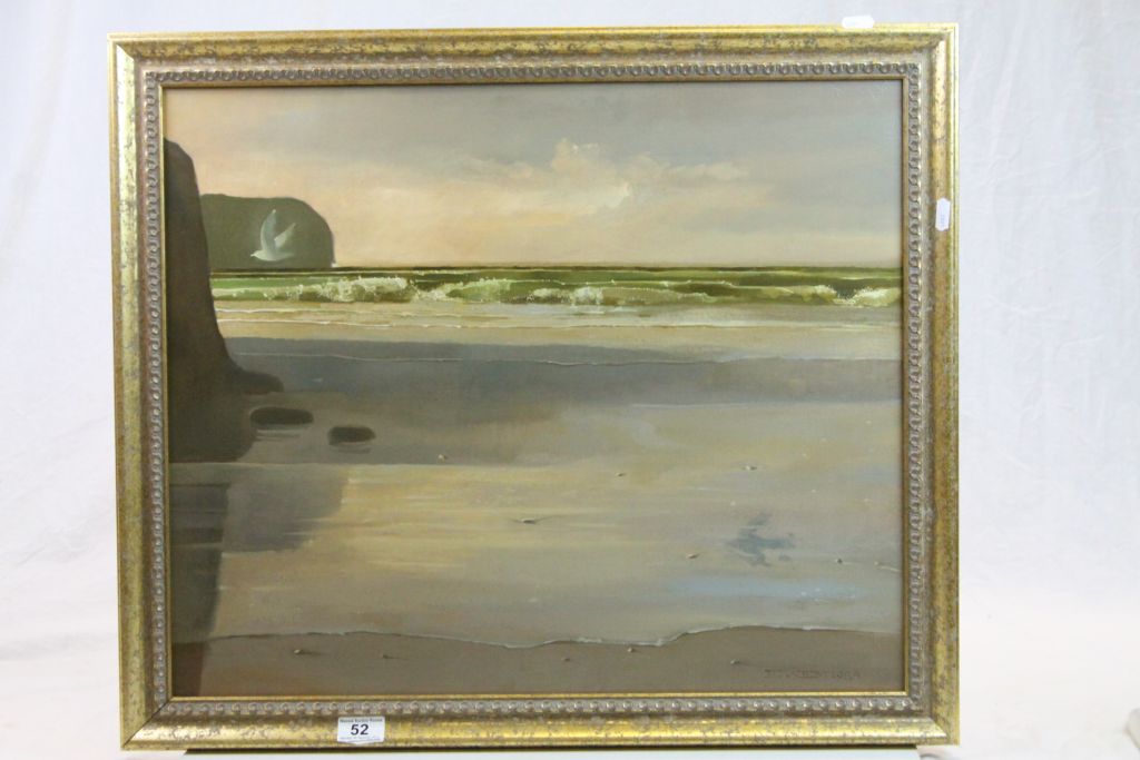 Gilt framed oil on canvas of a beach scene & signed "Richard Ewen 1988", image approx 50 x 60cm