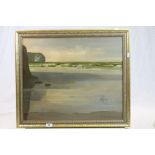 Gilt framed oil on canvas of a beach scene & signed "Richard Ewen 1988", image approx 50 x 60cm
