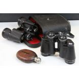 Two pairs of binoculars, one cased and vintage leather cased hip flask