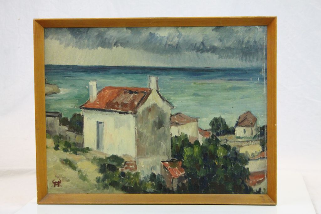 Framed Oil on board of a Coastal Village scene plus another framed 7 glazed Landscape Watercolour - Image 2 of 4