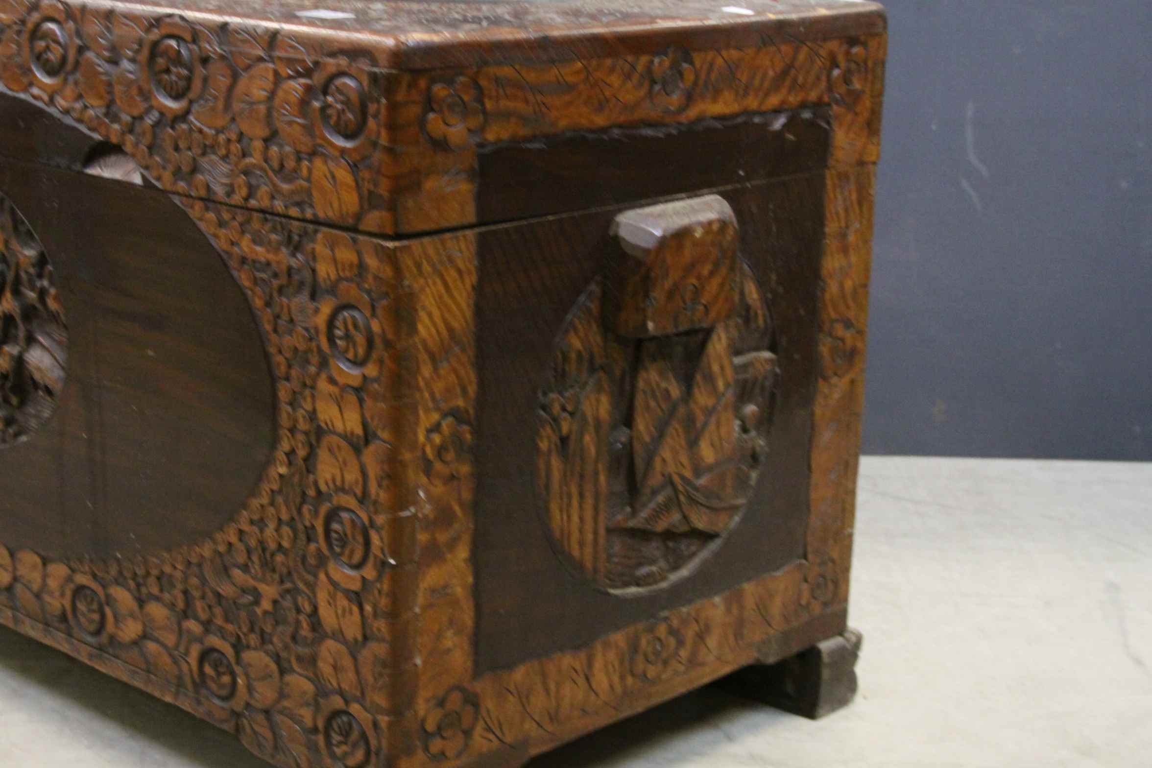 South East Asian Heavily Carved Camphor Wood Chest / Blanket Box, 104cms long x 59cms high - Image 3 of 5