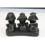 Vintage Carved Ebony Group of Three Seated Monkeys with Bone Eyes ' See No Evil, Speak No Evil, Hear