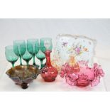 Box of mixed vintage Glass to include Cranberry Glass decanter, pair of Glass Scent bottles,