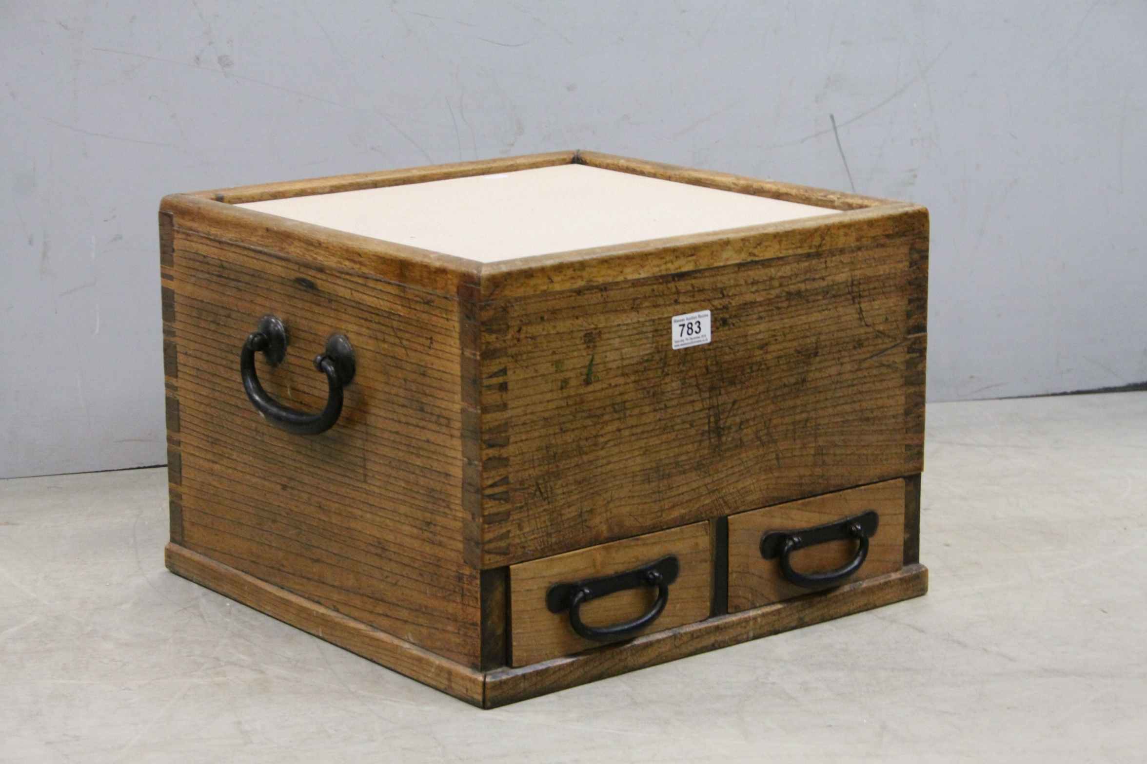 Wooden two drawer chest with iron handles