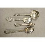 Four vintage Hallmarked Silver Spoons to include Georgian & an Apostle type Sifting Spoon with Shell