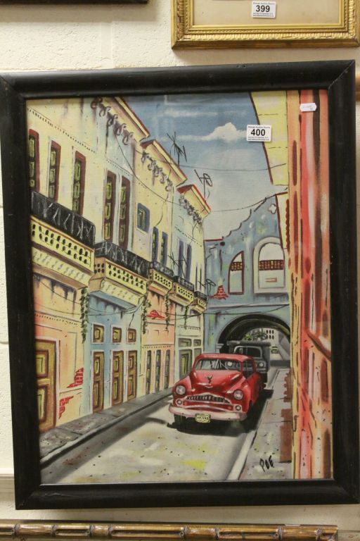 POE Oil on Canvas A Cuban Urban Art scene 'Vehicles in a deserted street'