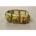 Vintage white metal & Ivory panel Middle Eastern hinged Bracelet with hand painted scenes
