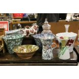 Three trumpet shaped ceramic jardiniere's, two similar jugs and a studio pottery bowl