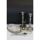 Pair of Viner's Silver Plated Candlesticks, Gilt Brass Deer Desk Barometer and other Silver Plated