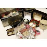 Large box of mixed vintage Costume jewellery etc to include Silver Hallmarked & a Cash Tin etc