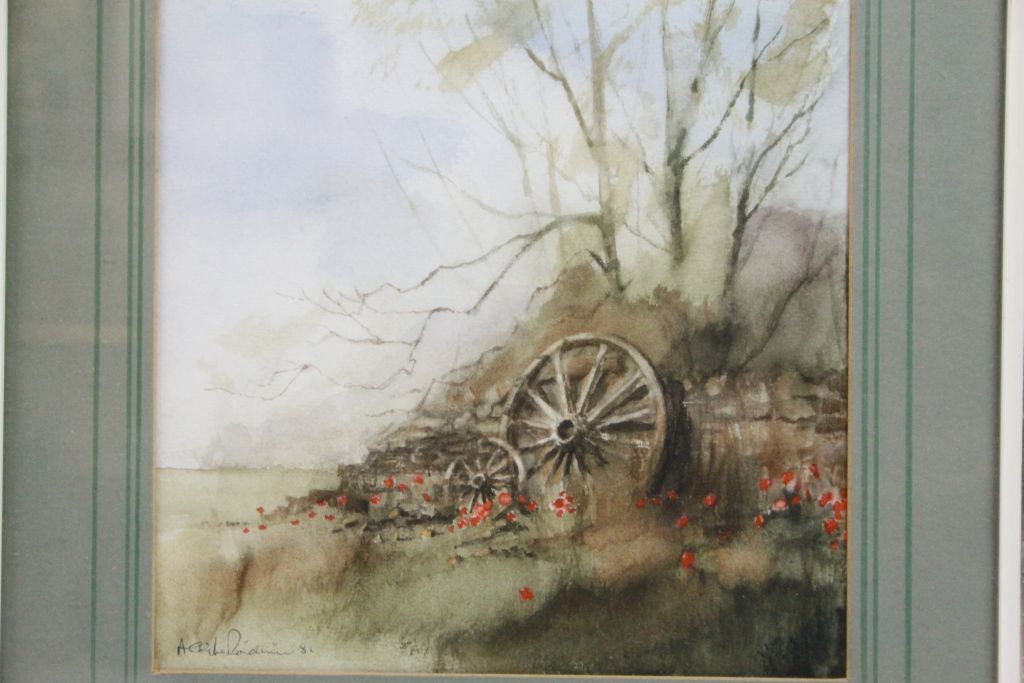 Andy Le Poidevin water colour rural scene with cartwheels signed dimensions 20cm x 20cm . - Image 2 of 3